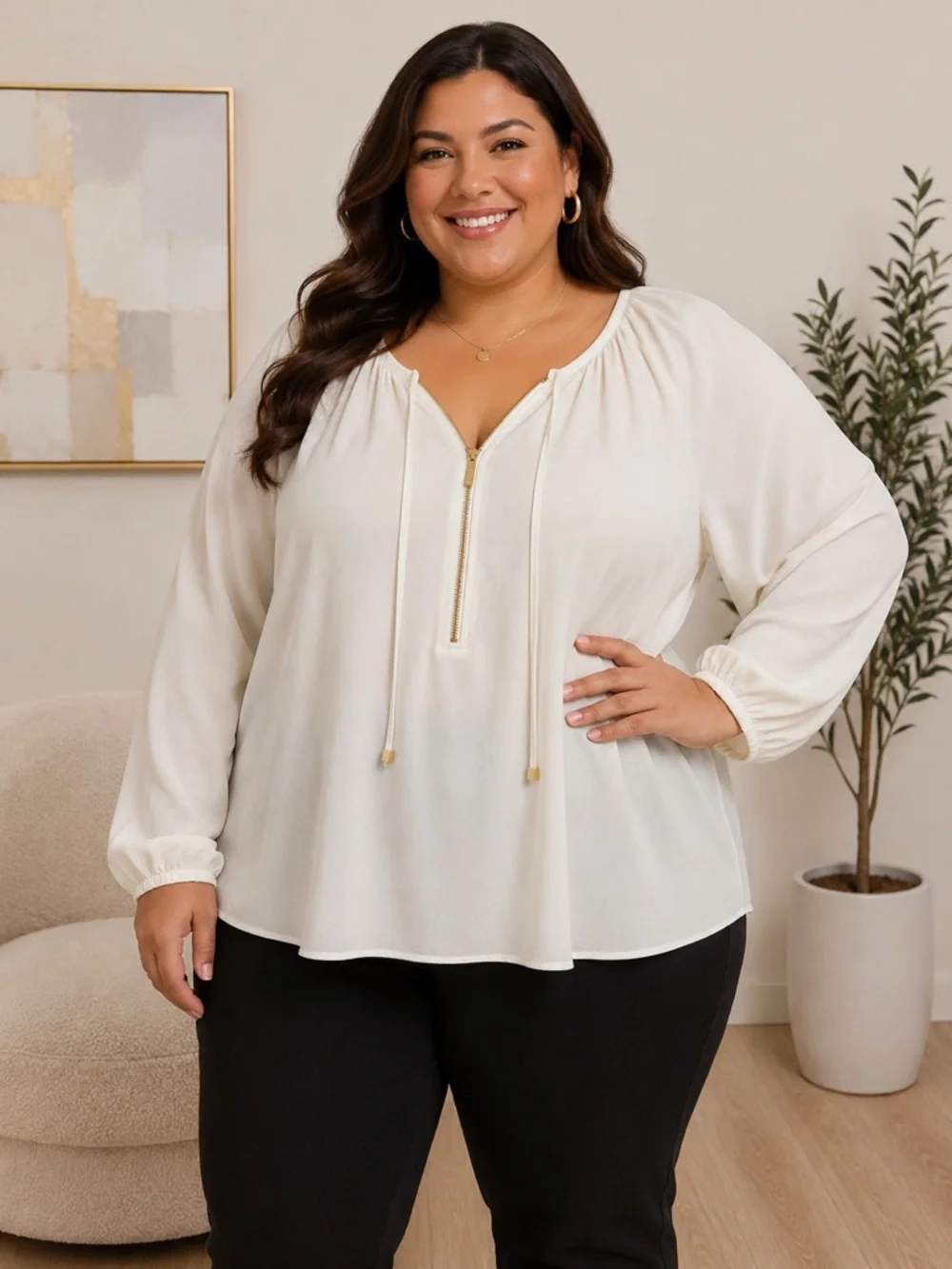 Michael Kors Ivory Zip-Front Peasant Blouse with Gold Accents Size 2X